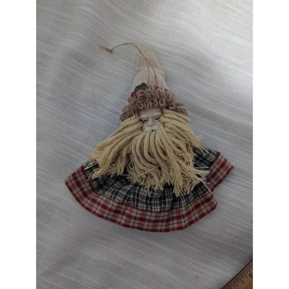 Vintage Handmade Primitive Santa Ornament‎ Plaid Mop Style Beard Porcelain Face